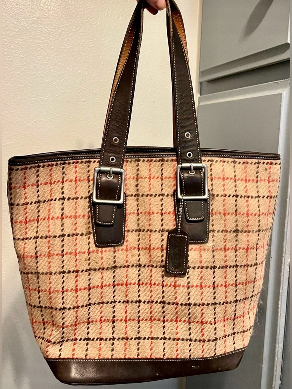 COACH Vintage Hamptons Tattersall Wool Tweed Tote Bag 9612 Y2K Rare Plaid